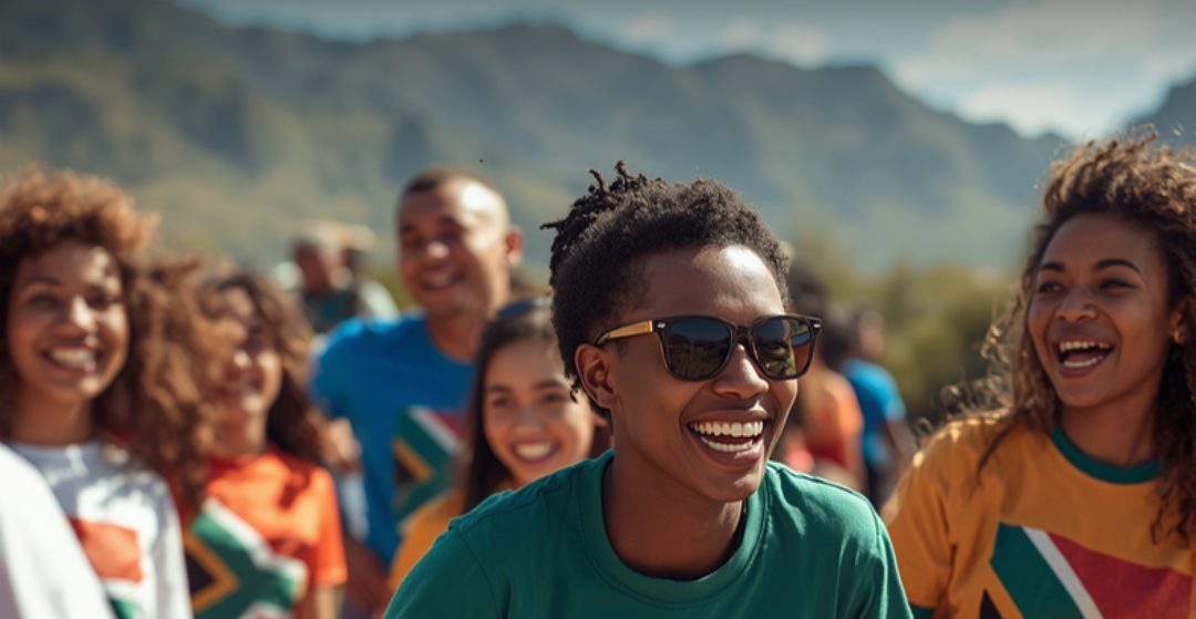Group of smiling people wearing custom printed T-shirts with South African flag designs